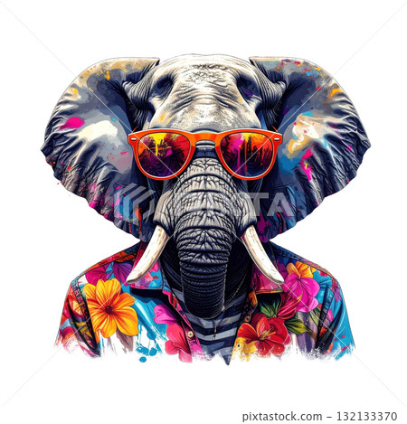 Vibrant elephant portrait with neon paint splatter effects, wearing cool sunglasses and surrounded by tropical flowers. Vibrant elephant portrait with neon paint splatter effects, wearing cool sunglasses and surrounded by tropical flowers. 132133370
