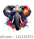 Vibrant elephant portrait with neon paint splatter effects, wearing cool sunglasses and surrounded by tropical flowers. 132133371