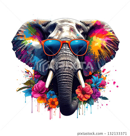 Vibrant elephant portrait with neon paint splatter effects, wearing cool sunglasses and surrounded by tropical flowers. Vibrant elephant portrait with neon paint splatter effects, wearing cool sunglasses and surrounded by tropical flowers. 132133371
