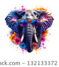 Vibrant elephant portrait with neon paint splatter effects, wearing cool sunglasses and surrounded by tropical flowers. 132133372