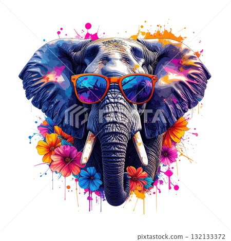 Vibrant elephant portrait with neon paint splatter effects, wearing cool sunglasses and surrounded by tropical flowers. Vibrant elephant portrait with neon paint splatter effects, wearing cool sunglasses and surrounded by tropical flowers. 132133372