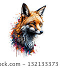 Intense, realistic fox portrait with a gaze, rendered in a dynamic, colorful watercolor and paint splatter effect. 132133373