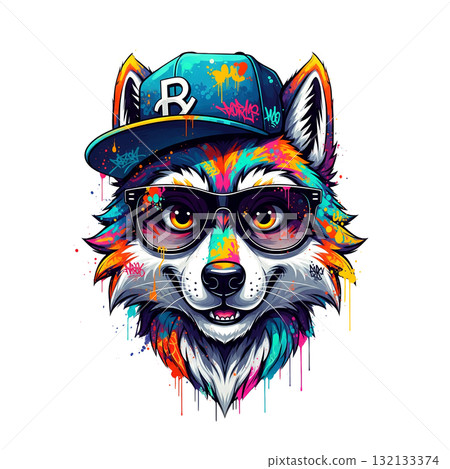 Cool fox with graffiti-style fur, wearing sunglasses and a snapback cap, blending street art with wildlife portraiture. 132133374