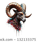 Steampunk styled goat/ram head with elaborate metallic horns and a bold, paint-splatter mixed media aesthetic. 132133375