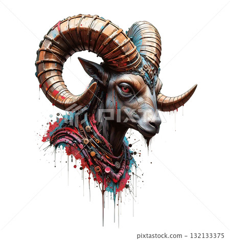 Steampunk styled goat/ram head with elaborate metallic horns and a bold, paint-splatter mixed media aesthetic. Steampunk styled goat/ram head with elaborate metallic horns and a bold, paint-splatter mixed media aesthetic. 132133375