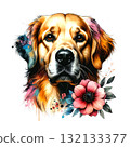 Expressive, painterly Golden Retriever portrait with a happy tongue out, accented by a bold, colorful watercolor flower at the bottom. Pet. 132133377