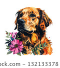 Expressive, painterly Golden Retriever portrait with a happy tongue out, accented by a bold, colorful watercolor flower at the bottom. Pet. 132133378