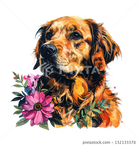 Expressive, painterly Golden Retriever portrait with a happy tongue out, accented by a bold, colorful watercolor flower at the bottom. Pet. Expressive, painterly Golden Retriever portrait with a happy tongue out, accented by a bold, colorful watercolor flower at the bottom. Pet. 132133378