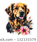 Expressive, painterly Golden Retriever portrait with a happy tongue out, accented by a bold, colorful watercolor flower at the bottom. Pet. 132133379