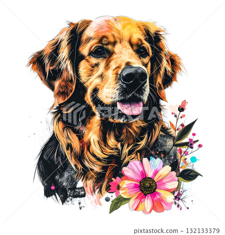 Expressive, painterly Golden Retriever portrait with a happy tongue out, accented by a bold, colorful watercolor flower at the bottom. Pet. Expressive, painterly Golden Retriever portrait with a happy tongue out, accented by a bold, colorful watercolor flower at the bottom. Pet. 132133379