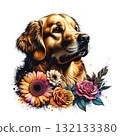 Expressive, painterly Golden Retriever portrait with a happy tongue out, accented by a bold, colorful watercolor flower at the bottom. Pet. 132133380