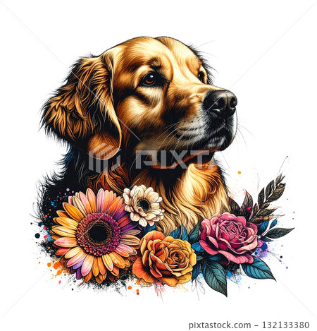 Expressive, painterly Golden Retriever portrait with a happy tongue out, accented by a bold, colorful watercolor flower at the bottom. Pet. Expressive, painterly Golden Retriever portrait with a happy tongue out, accented by a bold, colorful watercolor flower at the bottom. Pet. 132133380