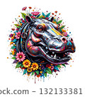 Intricate cyborg hippopotamus head with metallic, rainbow-sheen plating, nestled in a cheerful, vibrant floral wreath. 132133381