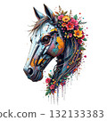 Elegant cyborg horse head with sleek white metal plating, contrasting beautifully with a colorful, lush floral wreath and paint splatters. 132133383