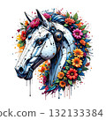 Elegant cyborg horse head with sleek white metal plating, contrasting beautifully with a colorful, lush floral wreath and paint splatters. 132133384
