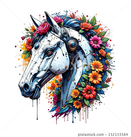 Elegant cyborg horse head with sleek white metal plating, contrasting beautifully with a colorful, lush floral wreath and paint splatters. Elegant cyborg horse head with sleek white metal plating, contrasting beautifully with a colorful, lush floral wreath and paint splatters. 132133384