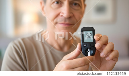 Man Checking Blood Sugar Level with a Glucometer 132133639