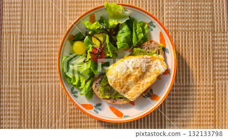 Healthy Fried egg on toast with avocado and fresh salad on plate for breakfast Healthy Fried egg on toast with avocado and fresh salad on plate for breakfast 132133798