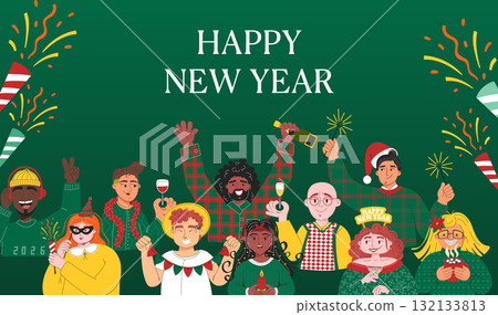 Happy New Year poster with multicultural friends celebrating together 132133813