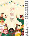 Vertical Happy New Year poster with cheerful friends celebrating holiday 132133821