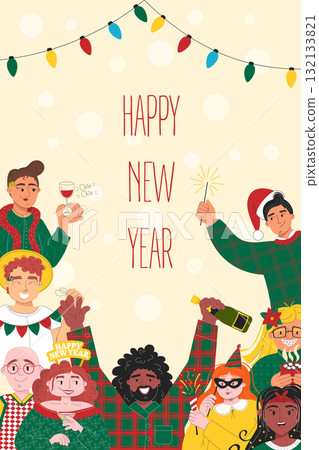 Vertical Happy New Year poster with cheerful friends celebrating holiday 132133821