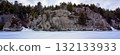 Panoramic view of rocks on the edge of frozen Lake Champlain 132133933