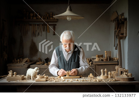 Elderly man crafting wooden toys in a traditional workshop filled with handmade wooden figures, tools, and shavings Elderly man crafting wooden toys in a traditional workshop filled with handmade wooden figures, tools, and shavings 132133977