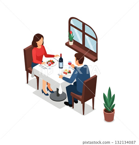 Isometric illustration of a couple enjoying dinner Isometric illustration of a couple enjoying dinner 132134087
