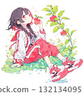 吃蘋果的紅衣女孩，插畫，時尚，街頭風格，無背景，素材 132134095