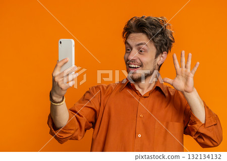 Happy young man blogger take portrait selfie record video call online with social media subscribers 132134132