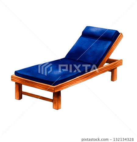 Wooden Lounger with Blue Cushion for Relaxation by Swimming Pool in Outdoor Setting 132134328