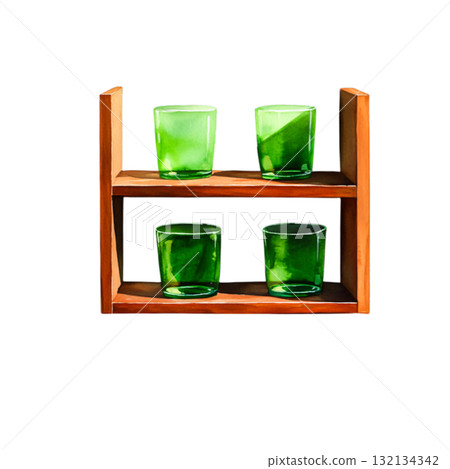 Bright Green Glasses on Wooden Shelf, Stylish Decor for Modern or Vintage Interiors Bright Green Glasses on Wooden Shelf, Stylish Decor for Modern or Vintage Interiors 132134342