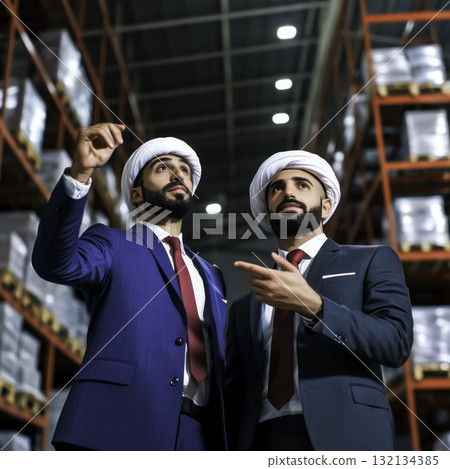 Two Men in Traditional Attire Engaged in Discussion Inside a Warehouse Environment 132134385