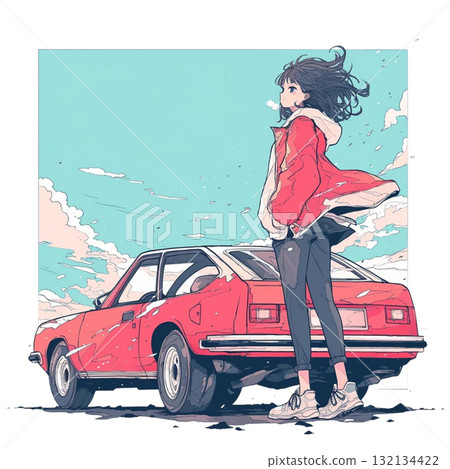 站在紅色汽車旁的女孩的插圖，時尚，清爽的風景，材料，街頭風格，時尚 132134422