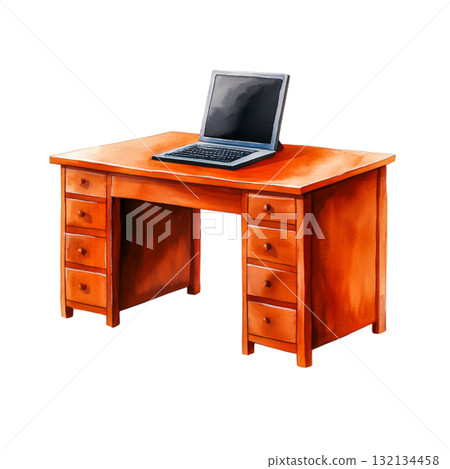 Modern Wooden Desk with Laptop on Top, Perfect for Office or Home Workspace Setup 132134458