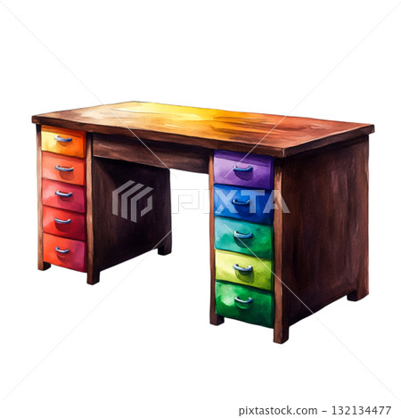 Colorful Wooden Desk with Drawers in Bright Shades of Red, Orange, Yellow, Green, Blue, Purple 132134477