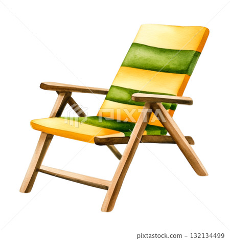 Wooden Deck Chair with Yellow and Green Stripes for Relaxation in Outdoor Spaces 132134499