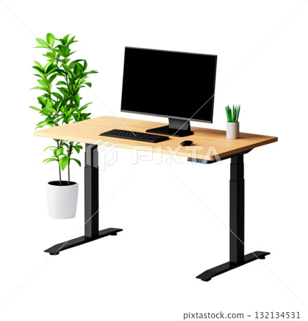 Stylish office desk with computer monitor, keyboard, plant, and modern design elements Stylish office desk with computer monitor, keyboard, plant, and modern design elements 132134531