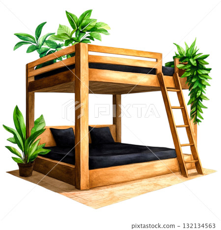 Cozy and Inviting Wooden Bunk Bed Surrounded by Lush Green Plants in a Bright Space 132134563