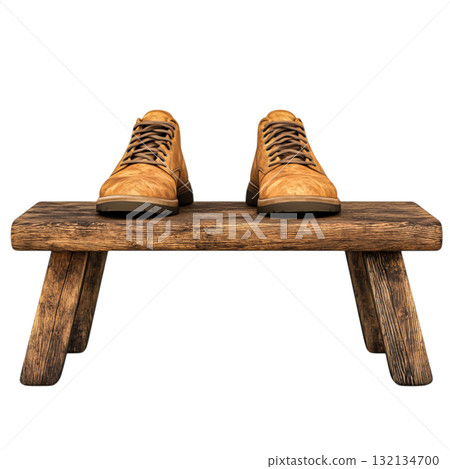 Brown Hiking Boots on Rustic Wooden Bench in Naturally Lit Outdoor Setting 132134700