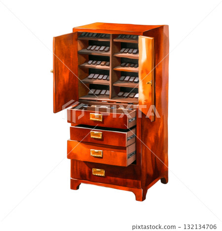 Vintage Wooden Cabinet with Multiple Drawers and Shelves for Storage and Organization Vintage Wooden Cabinet with Multiple Drawers and Shelves for Storage and Organization 132134706