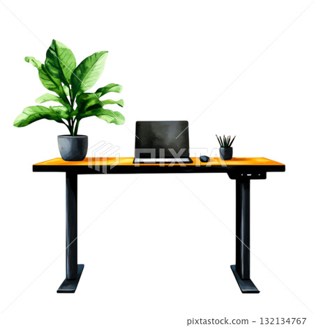 Modern workspace with laptop, plant, and desk organized for productivity and creativity 132134767