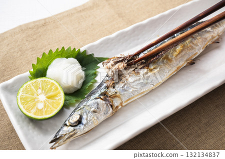 Grilled saury with salt 132134837