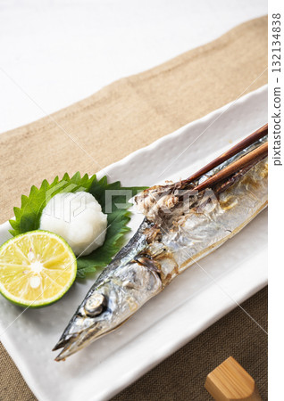 Grilled saury with salt 132134838