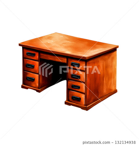 Wooden desk with drawers in a warm finish for home office or study decor 132134938