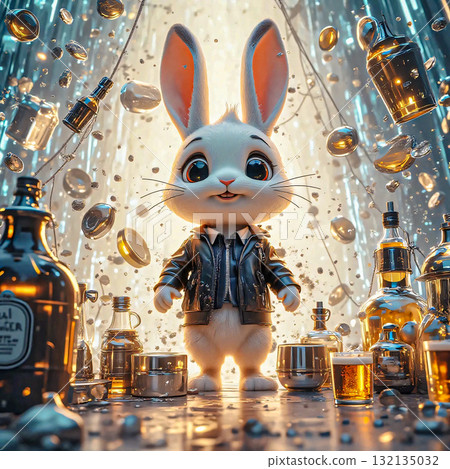 Party Bunny in a Leather Jacket Surrounded by Bottles. A cute, animated white bunny stands surrounded by various bottles and drinks. 132135032