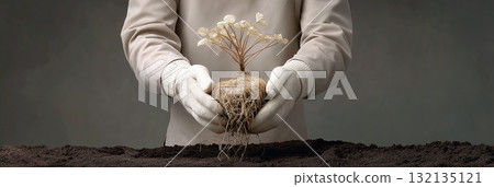 Person in gloves holding plant root system with delicate white leaves over soil, symbolizing growth, care and sustainability 132135121