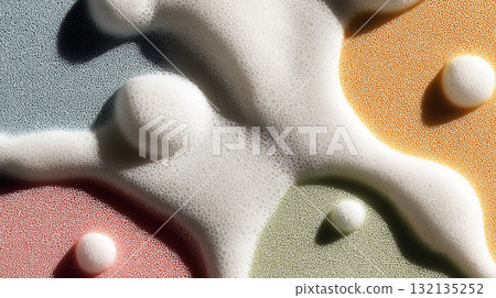 Abstract close-up of colorful liquid surface covered in dense foam bubbles with smooth organic shapes and vibrant hues 132135252