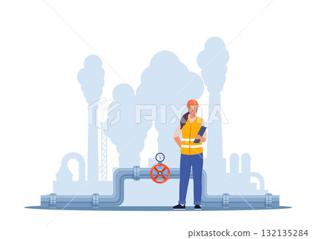 Engineer in workwear and protective helmet inspect petroleum or water pipelines. Valve and pressure gauge on the pipe. Oil, gas or water industry. Vector illustration. Engineer in workwear and protective helmet inspect petroleum or water pipelines. Valve and pressure gauge on the pipe. Oil, gas or water industry. Vector illustration. 132135284