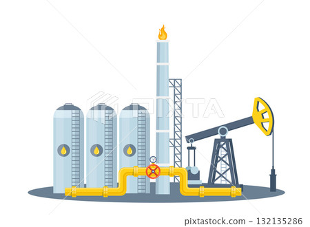 Oil refining industry icon set. Oil pumpjack, barrels, pipeline. Vector illustration 132135286
